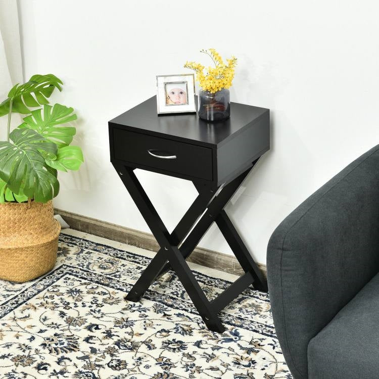 Mesa de noche/auxiliar con 1 cajón y forma de X para almacenamiento en color negro