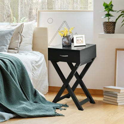 Mesa de noche/auxiliar con 1 cajón y forma de X para almacenamiento en color negro