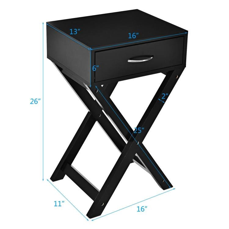 Mesa de noche/auxiliar con 1 cajón y forma de X para almacenamiento en color negro