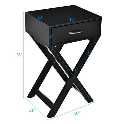 Mesa de noche/auxiliar con 1 cajón y forma de X para almacenamiento en color negro