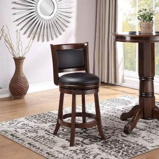 Tabouret de bar hauteur comptoir en bois finition brun foncé avec assise pivotante rembourrée noire