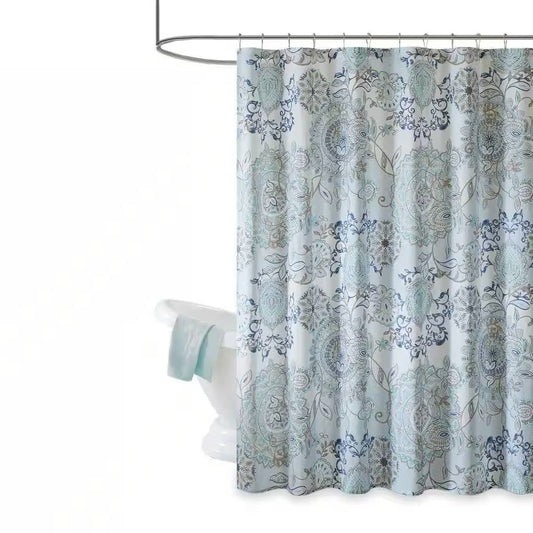 72-inch Cotton Shower Curtain with Blue Watercolor Paisley Floral Motif - Tampa Home & Garden Store