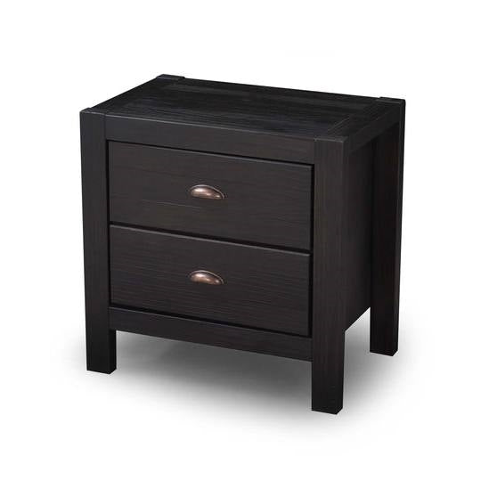 Mesa de Noche de 2 Cajones de Madera Maciza de Pino Estilo Rústico en Negro