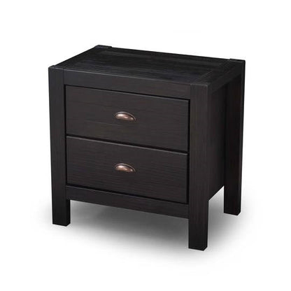 Mesa de Noche de 2 Cajones de Madera Maciza de Pino Estilo Rústico en Negro