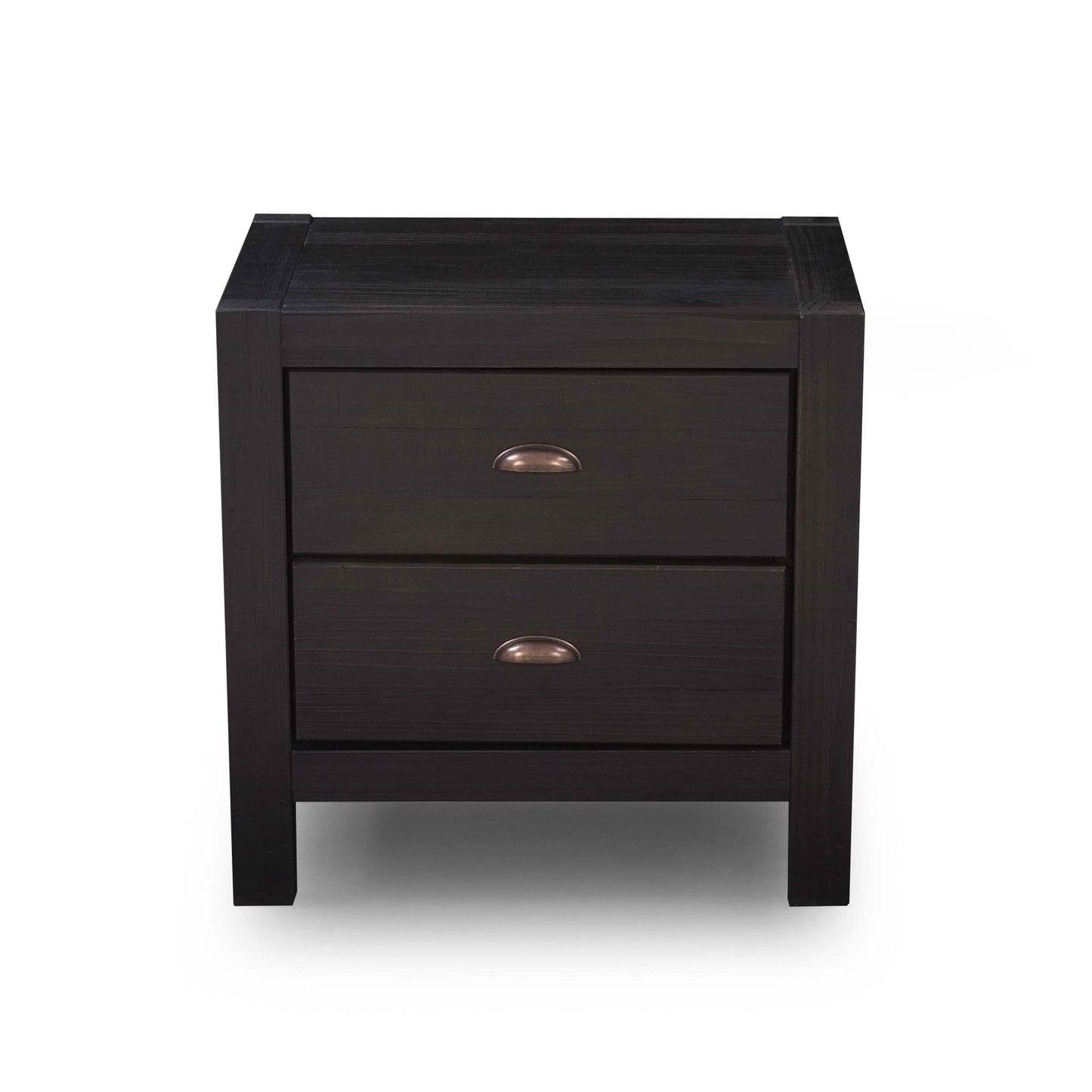 Mesa de Noche de 2 Cajones de Madera Maciza de Pino Estilo Rústico en Negro