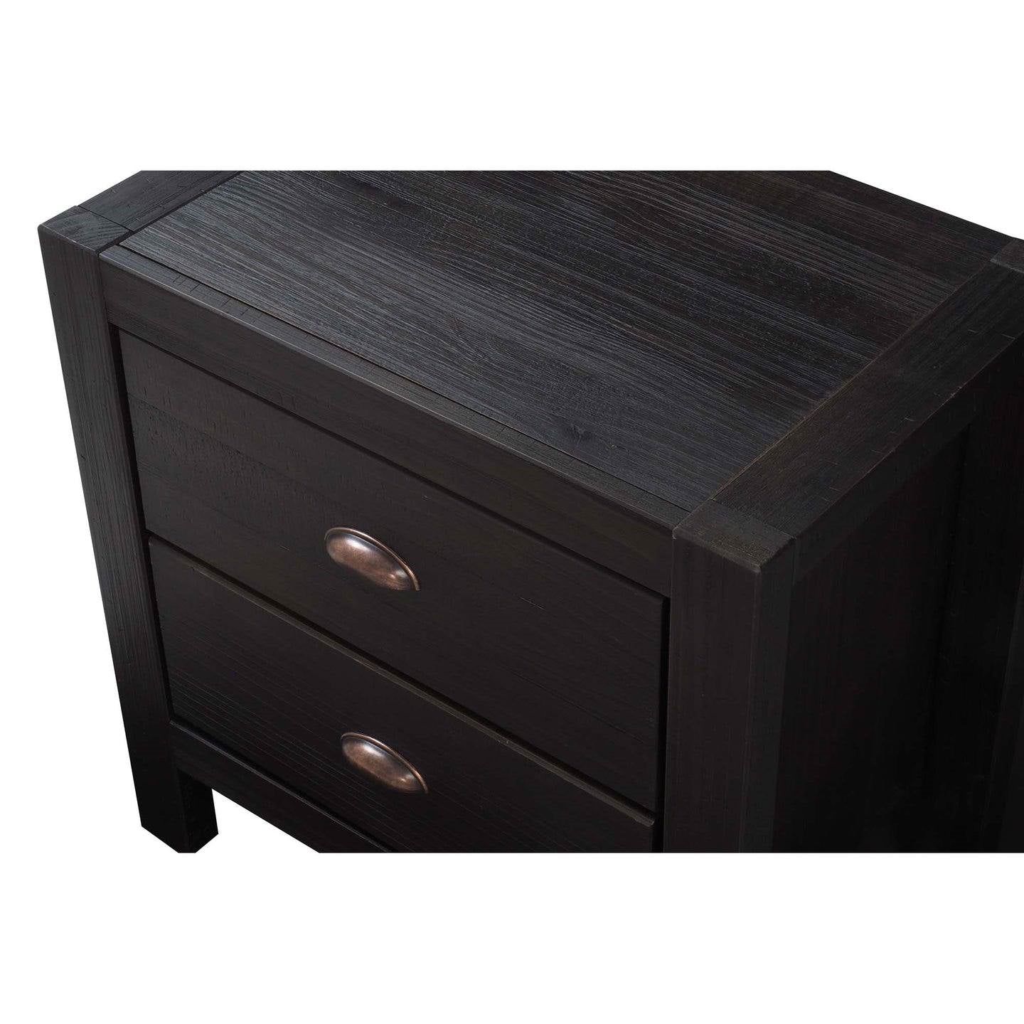 Mesa de Noche de 2 Cajones de Madera Maciza de Pino Estilo Rústico en Negro
