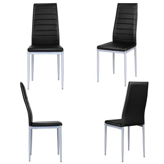 Juego de 4 sillas de comedor modernas de piel sintética negra de respaldo alto con patas de metal