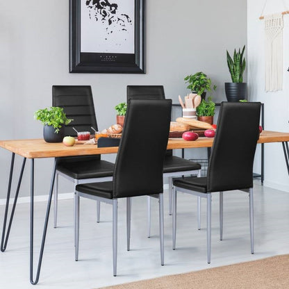 Juego de 4 sillas de comedor modernas de piel sintética negra de respaldo alto con patas de metal