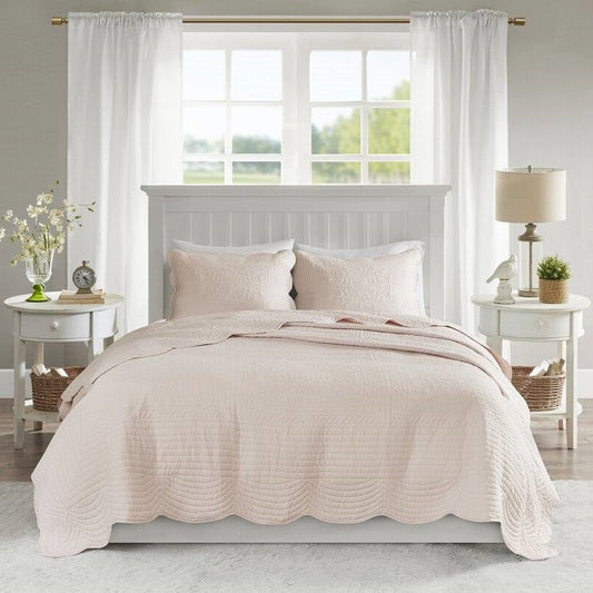 Full/Queen Size 3 Piece Reversible Scalloped Edges Microfiber Quilt Set in Blush - Tampa Home & Garden Store