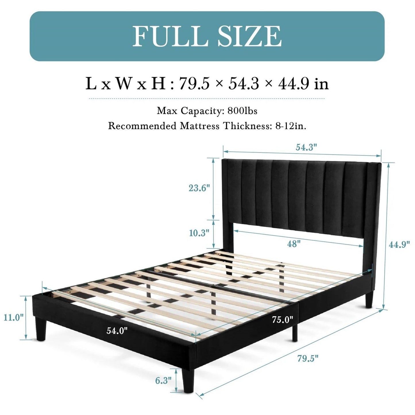 Cama de plataforma tapizada en terciopelo negro moderno de tamaño completo con cabecero