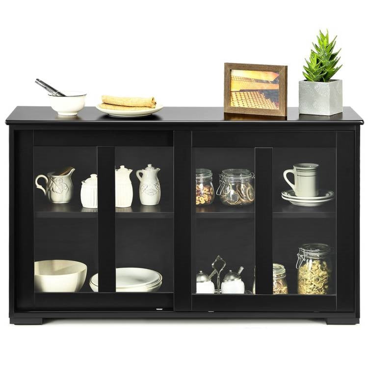 Mueble Aparador Buffet de Madera Negra para Cocina Comedor con Puerta Corredera de Cristal