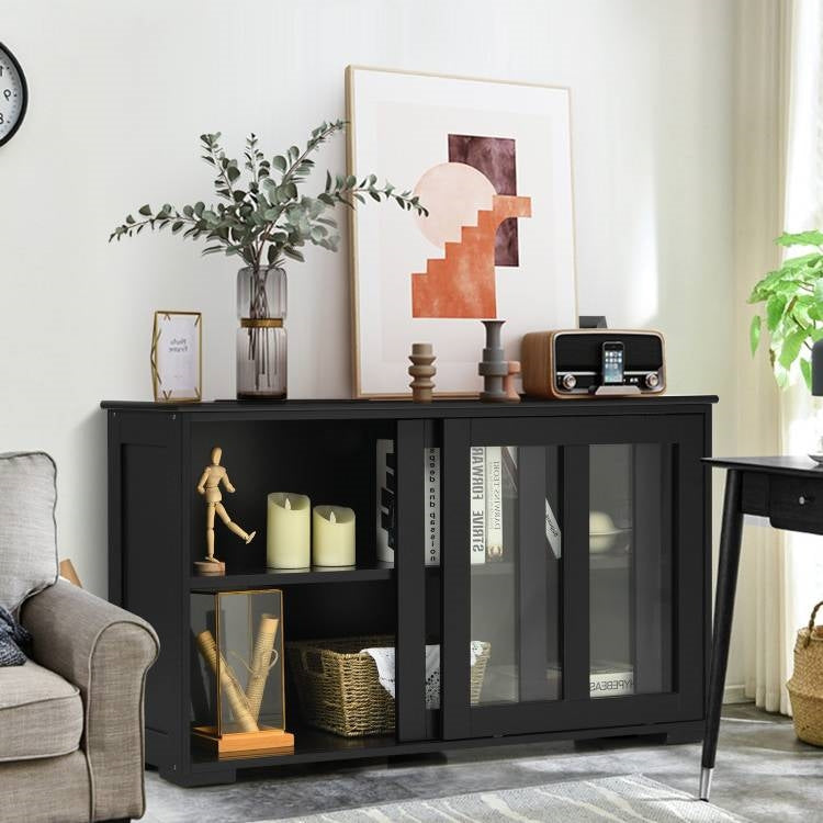 Mueble Aparador Buffet de Madera Negra para Cocina Comedor con Puerta Corredera de Cristal