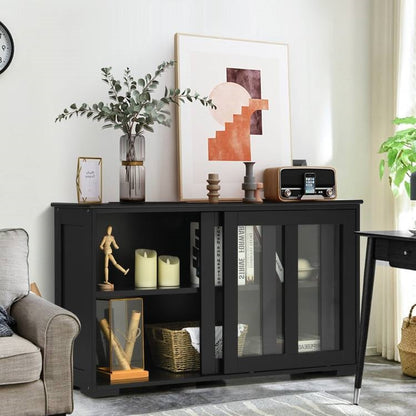 Mueble Aparador Buffet de Madera Negra para Cocina Comedor con Puerta Corredera de Cristal