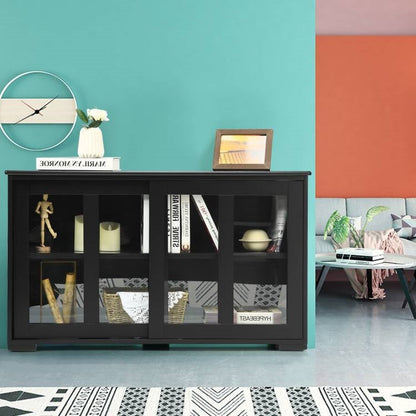 Mueble Aparador Buffet de Madera Negra para Cocina Comedor con Puerta Corredera de Cristal