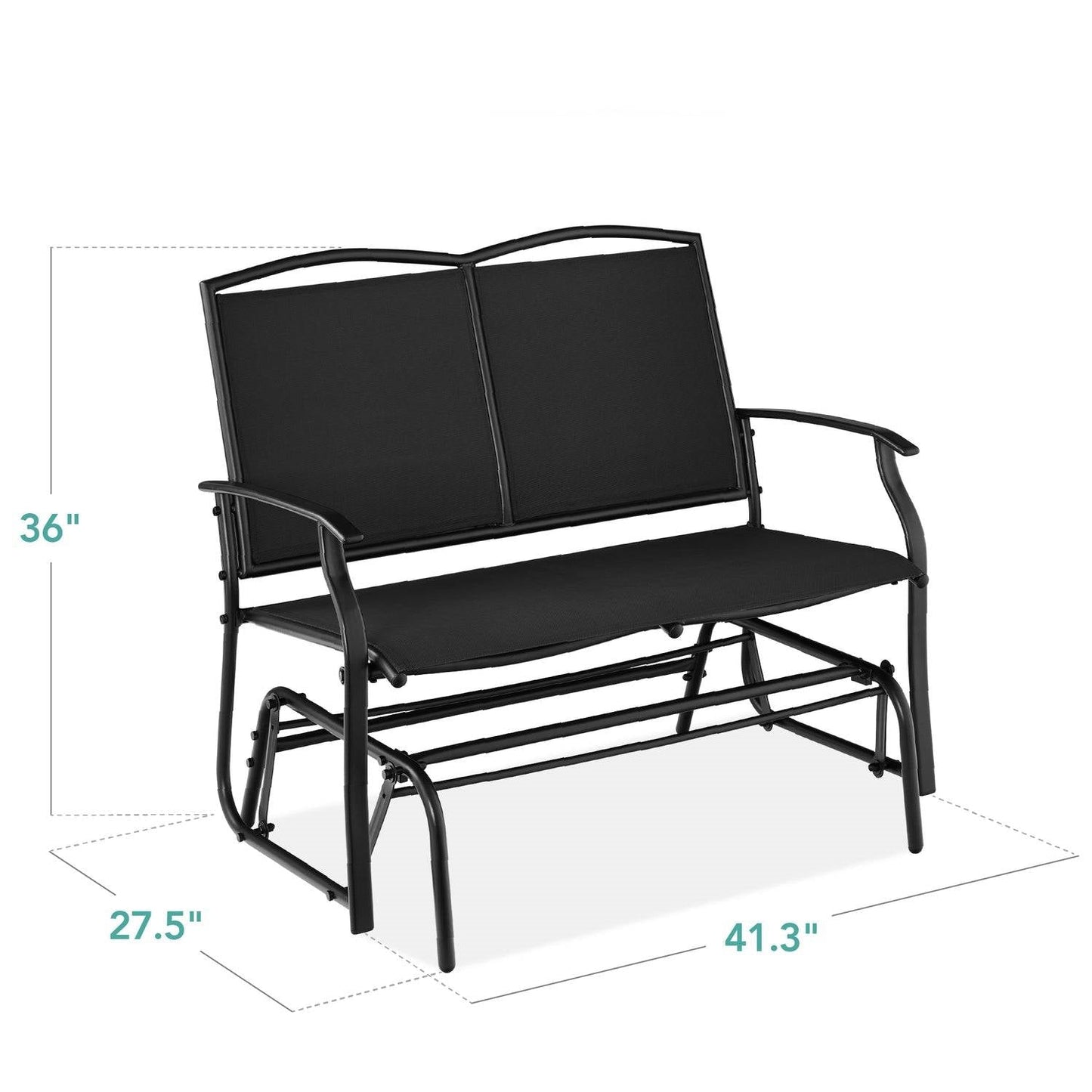 Columpio mecedora de 2 plazas con respaldo de malla para patio con apoyabrazos en color negro