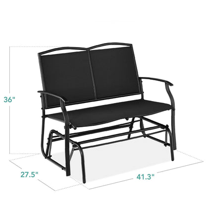 Columpio mecedora de 2 plazas con respaldo de malla para patio con apoyabrazos en color negro