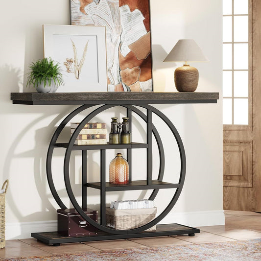 Mesa de recibidor moderna con base circular de 41 pulgadas y estantes de madera negra