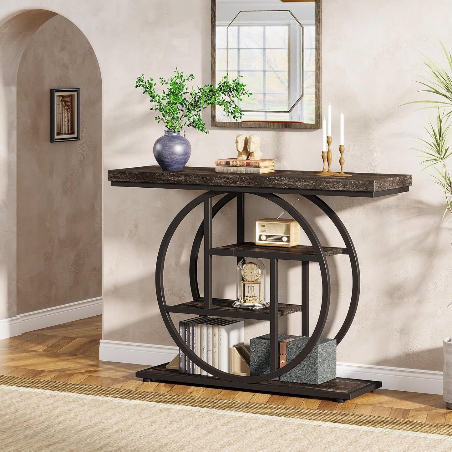 Mesa de recibidor moderna con base circular de 41 pulgadas y estantes de madera negra