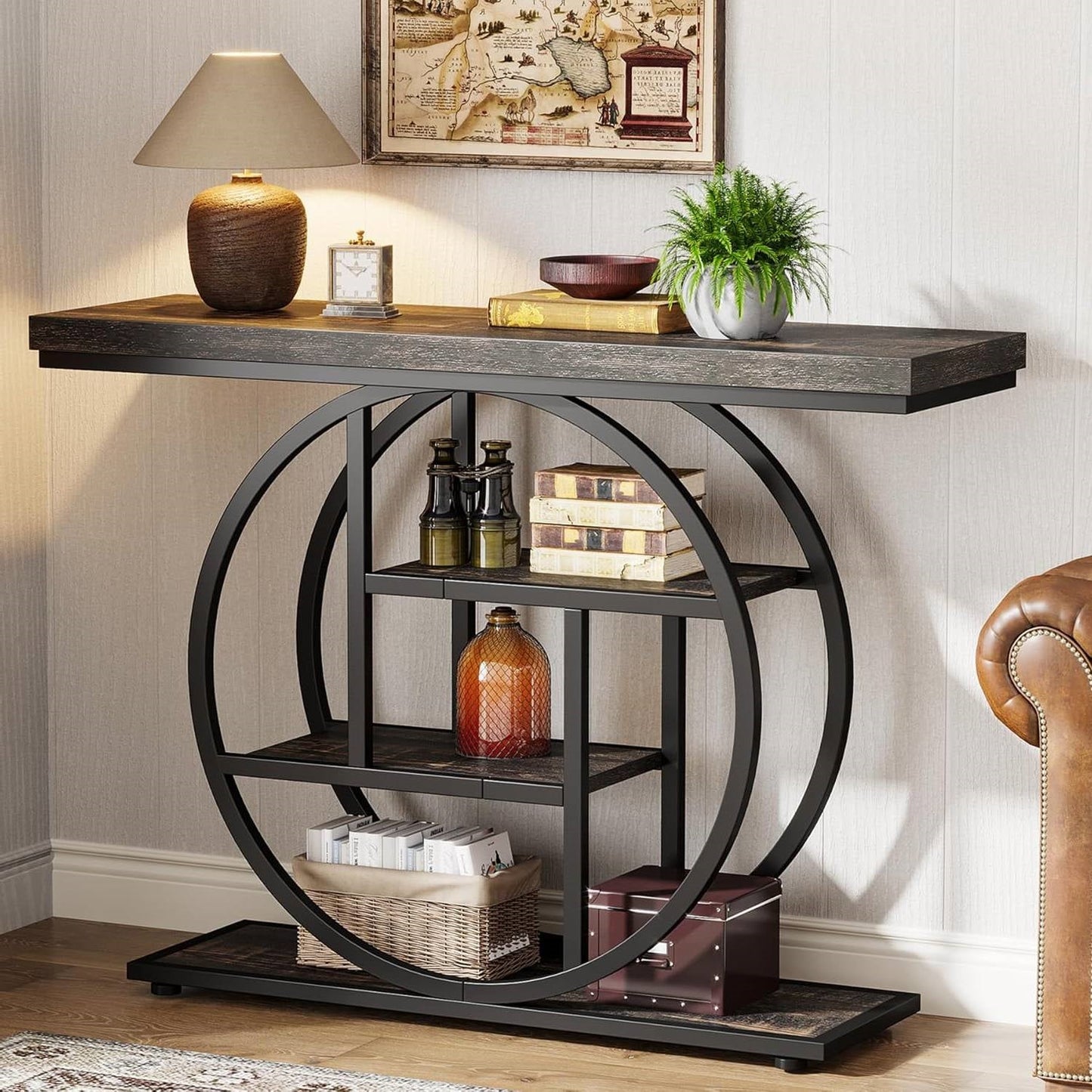 Mesa de recibidor moderna con base circular de 41 pulgadas y estantes de madera negra