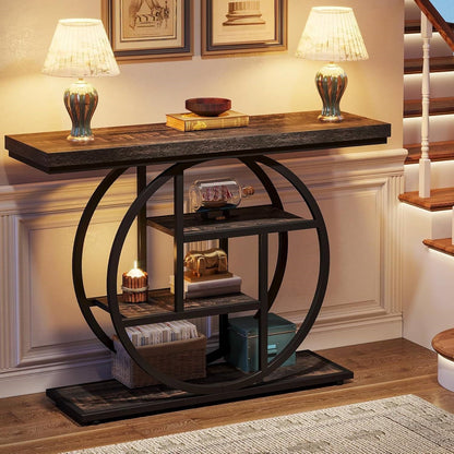 Mesa de recibidor moderna con base circular de 41 pulgadas y estantes de madera negra