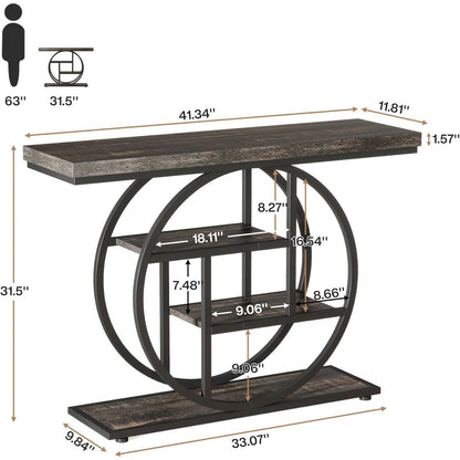 Mesa de recibidor moderna con base circular de 41 pulgadas y estantes de madera negra