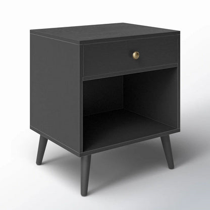 Mesa de noche de mediados de siglo con 1 cajón y estante abierto en acabado de madera negra