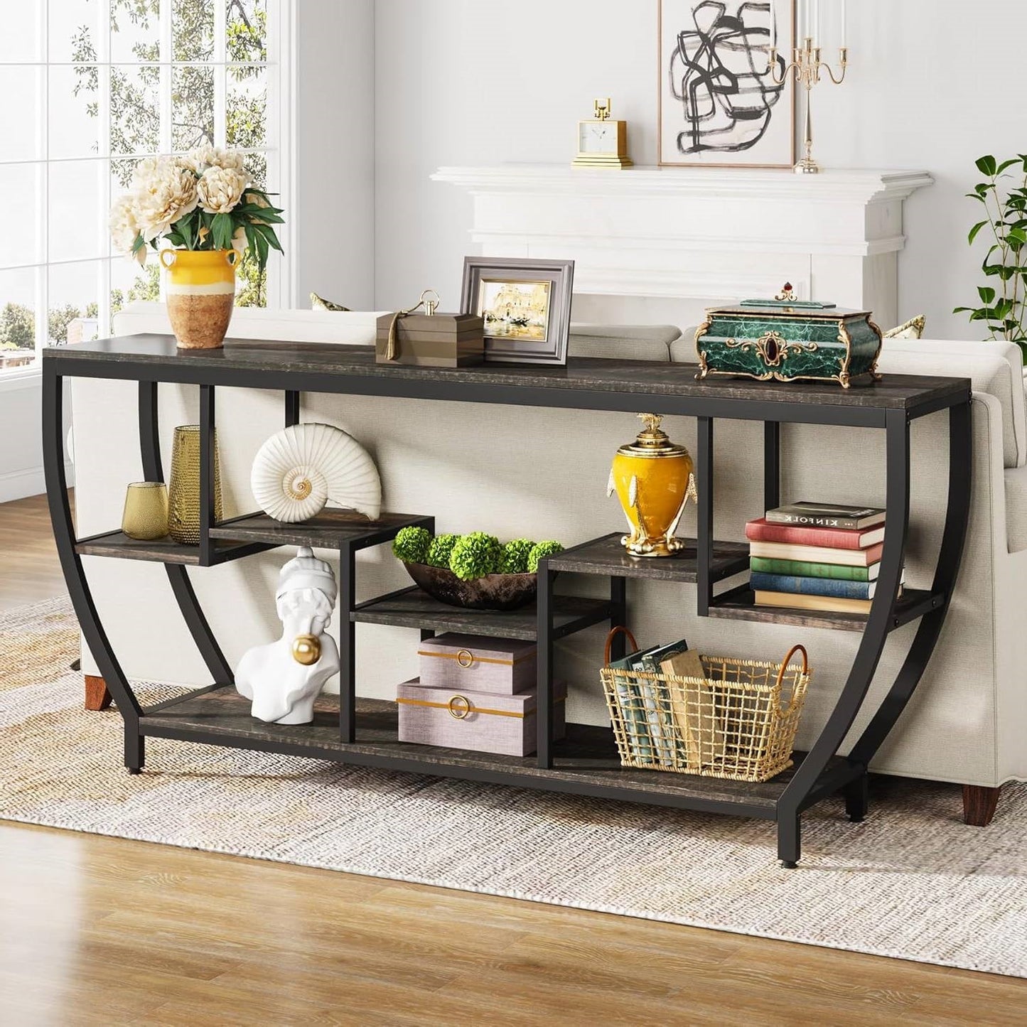 Mesa de sofá consola estrecha y larga de 70 pulgadas de estilo industrial moderno con estantes de madera negra