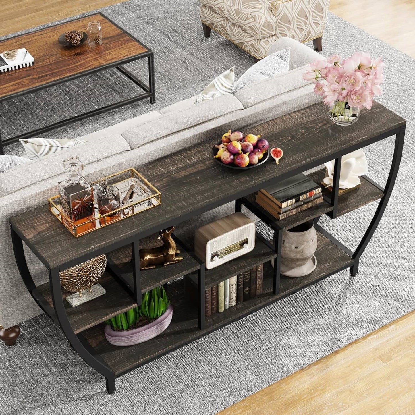 Mesa de sofá consola estrecha y larga de 70 pulgadas de estilo industrial moderno con estantes de madera negra