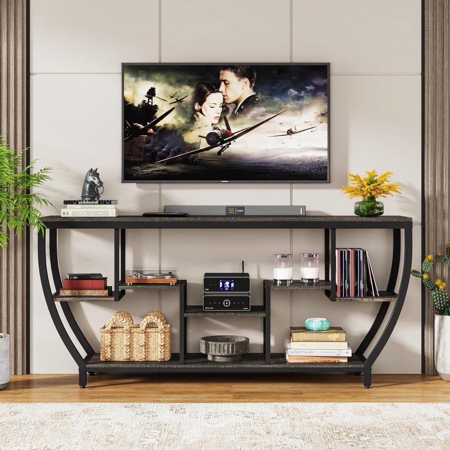 Mesa de sofá consola estrecha y larga de 70 pulgadas de estilo industrial moderno con estantes de madera negra