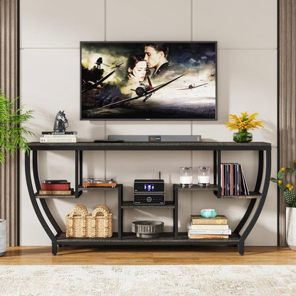 Mesa de sofá consola estrecha y larga de 70 pulgadas de estilo industrial moderno con estantes de madera negra