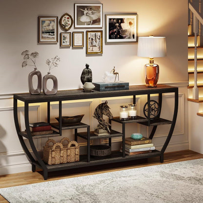 Mesa de sofá consola estrecha y larga de 70 pulgadas de estilo industrial moderno con estantes de madera negra