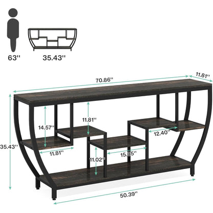 Mesa de sofá consola estrecha y larga de 70 pulgadas de estilo industrial moderno con estantes de madera negra