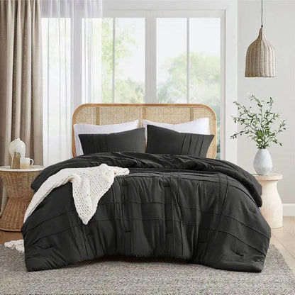 Full Queen Pleated Microfiber Comforter Set Black