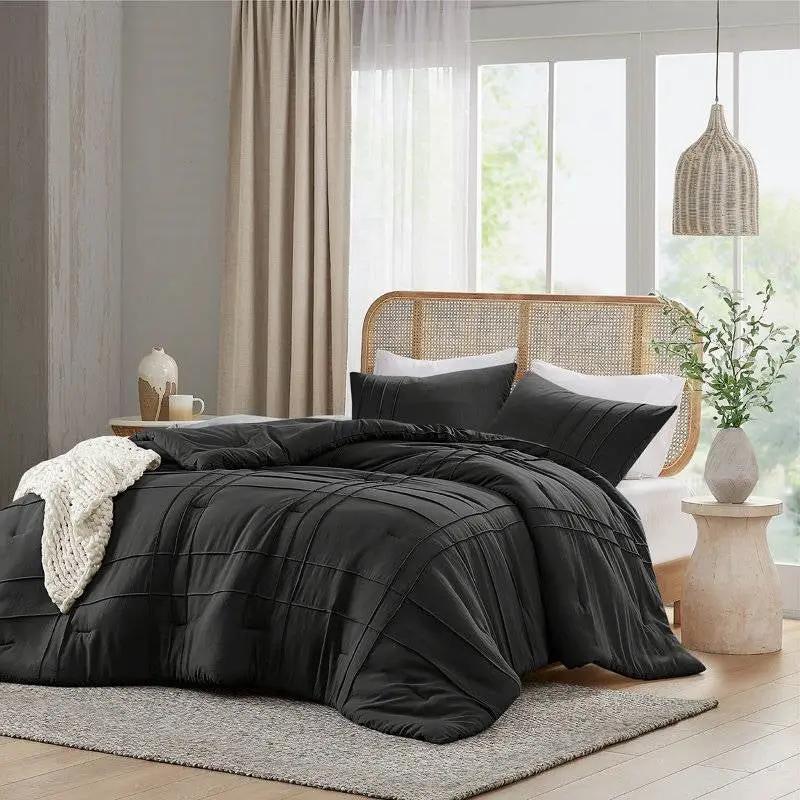 Full Queen Pleated Microfiber Comforter Set Black