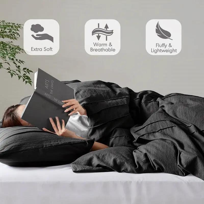 Full Queen Pleated Microfiber Comforter Set Black