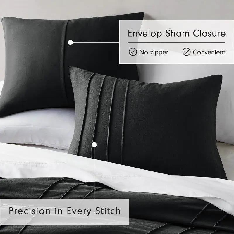 Full Queen Pleated Microfiber Comforter Set Black