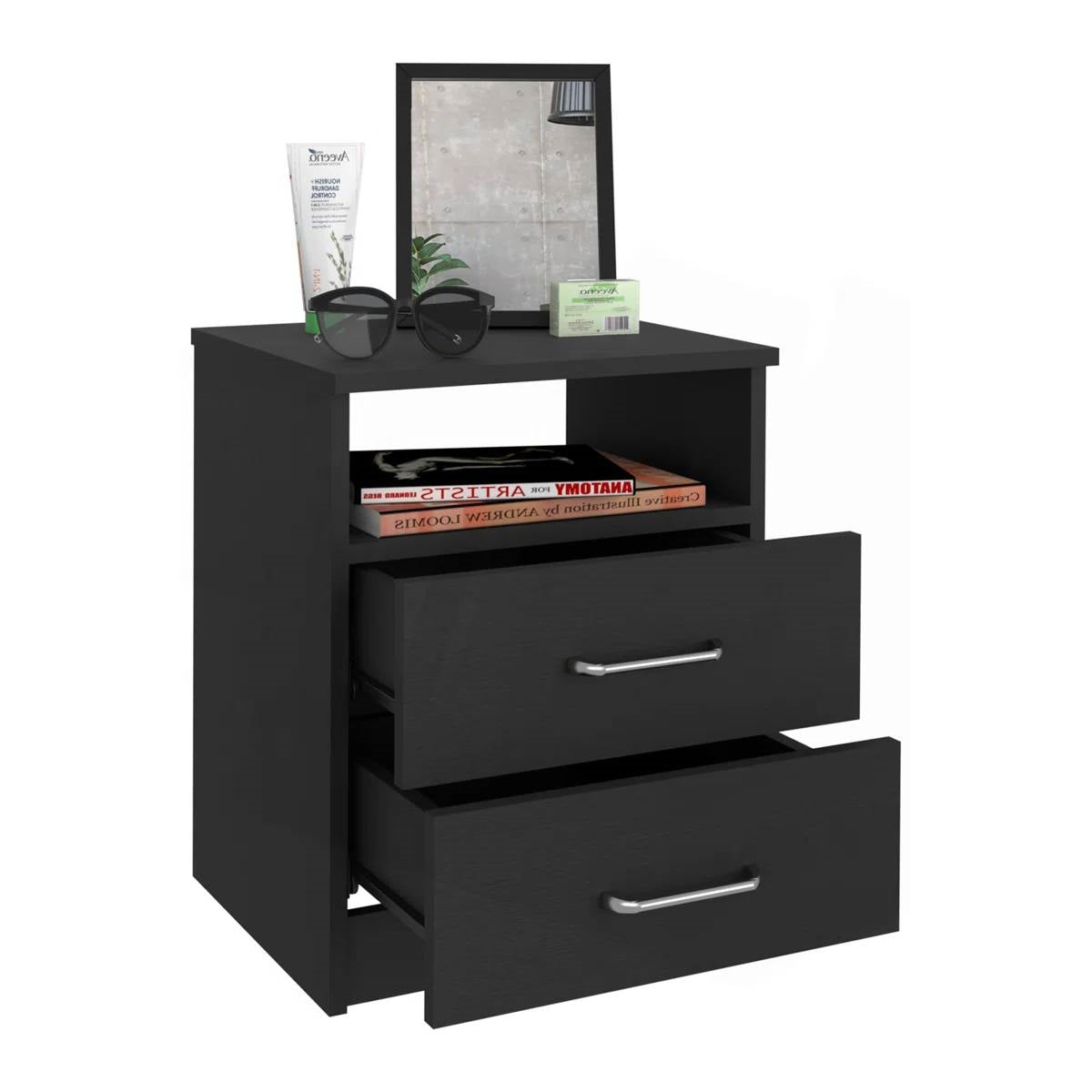 Mesa de Noche Moderna de 2 Cajones con Estante Abierto en Acabado de Madera Negra