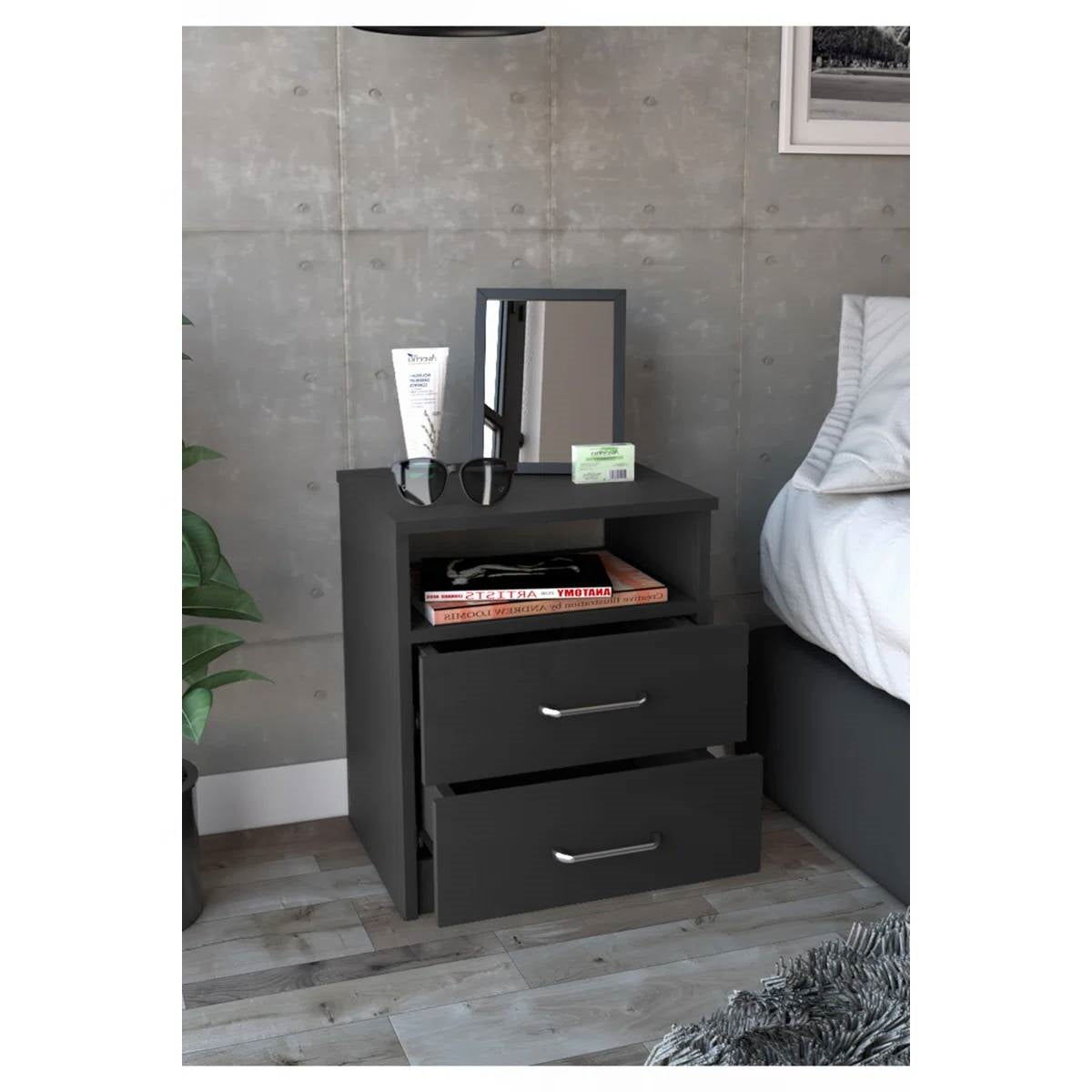 Mesa de Noche Moderna de 2 Cajones con Estante Abierto en Acabado de Madera Negra