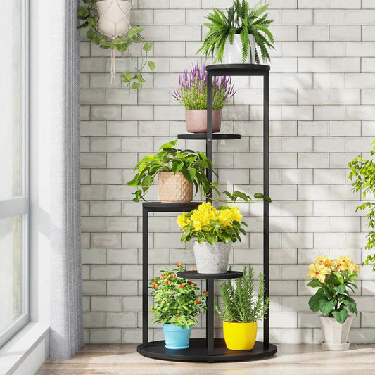 Modern 5-tier indoor plant stand in black metal by HomePacific with potted plants on shelves on Tampa Home & Garden Store