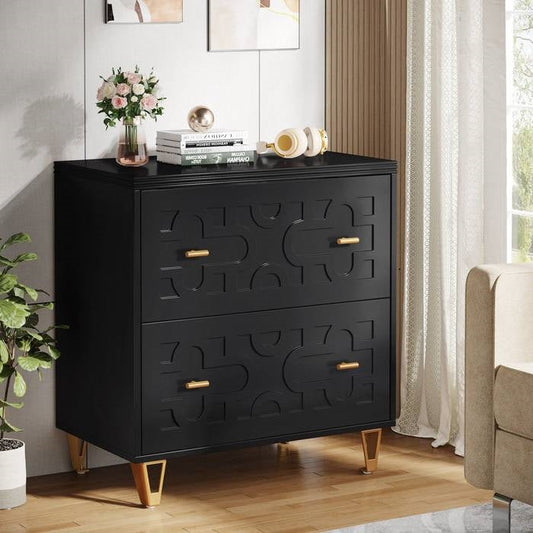 Retro Black/Gold Geometric Scroll 2 Drawer Filing Cabinet Printer Stand - Tampa Home & Garden Store