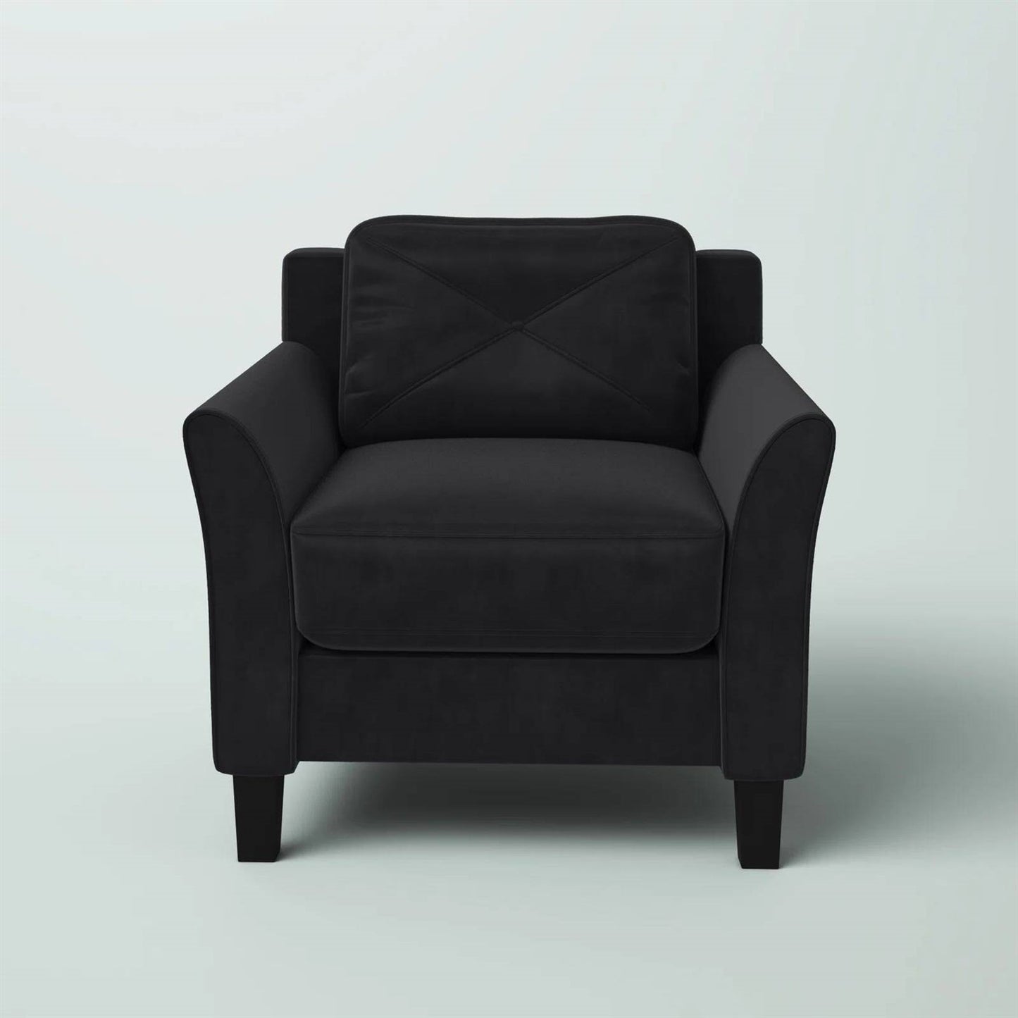 Sillón tapizado en microfibra negra con brazos acampanados y respaldo capitoné