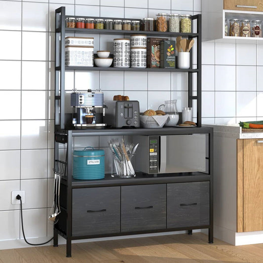 Estantería de cocina de metal negro de 4 estantes con armarios de almacenamiento inferiores
