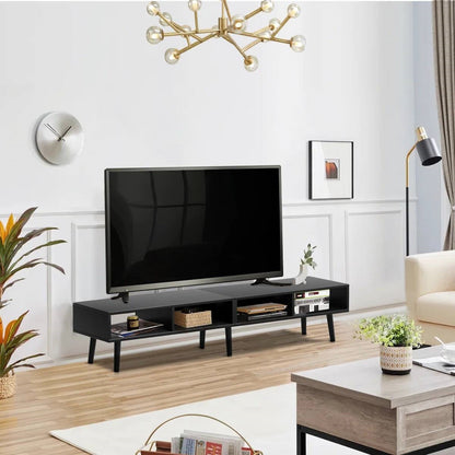 Mueble para TV de estilo moderno de mediados de siglo con acabado de madera negra - para televisores de hasta 65 pulgadas