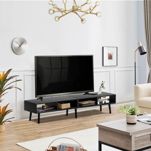 Mueble para TV de estilo moderno de mediados de siglo con acabado de madera negra - para televisores de hasta 65 pulgadas