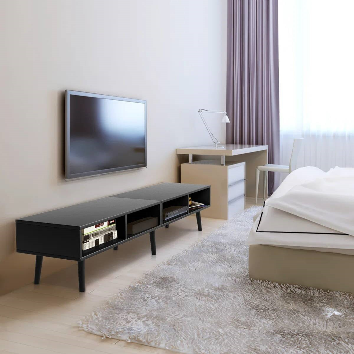 Mueble para TV de estilo moderno de mediados de siglo con acabado de madera negra - para televisores de hasta 65 pulgadas