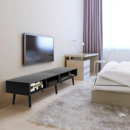 Mueble para TV de estilo moderno de mediados de siglo con acabado de madera negra - para televisores de hasta 65 pulgadas