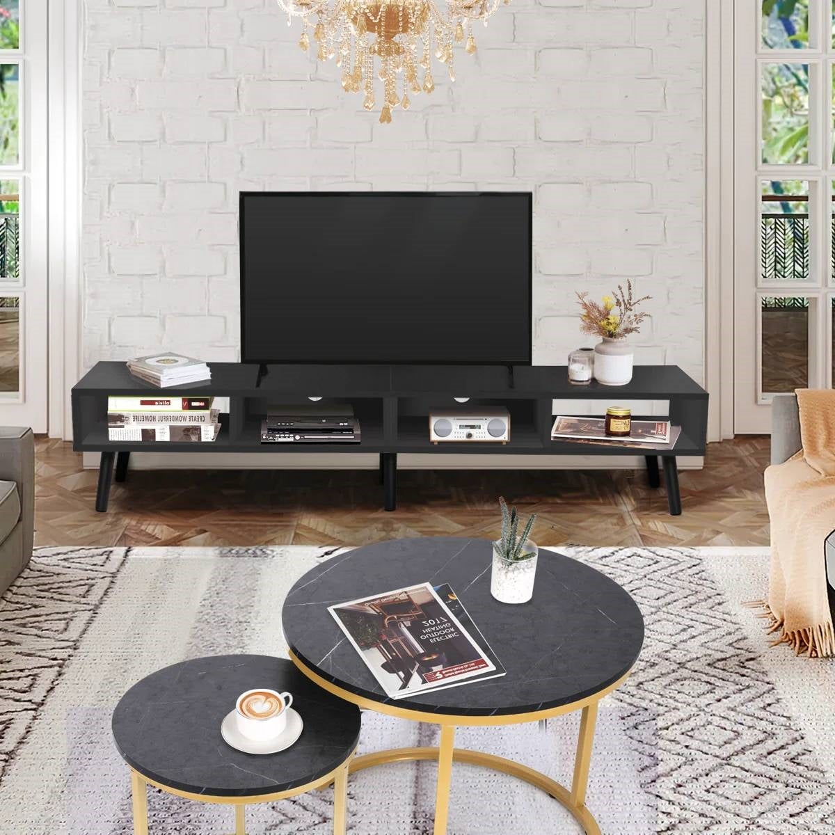 Mueble para TV de estilo moderno de mediados de siglo con acabado de madera negra - para televisores de hasta 65 pulgadas