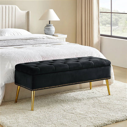 Banco de Almacenamiento Mid-Century Modern para Pie de Cama con Asiento de Terciopelo Negro y Patas Doradas
