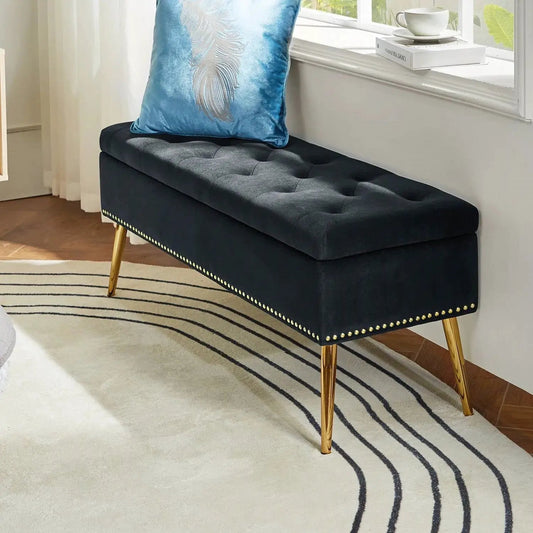 Mid-Century Storage Bench with Velvet Seat in black, tufted top, gold legs on Tampa Home & Garden Store