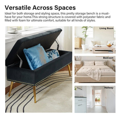 Banco de Almacenamiento Mid-Century Modern para Pie de Cama con Asiento de Terciopelo Negro y Patas Doradas